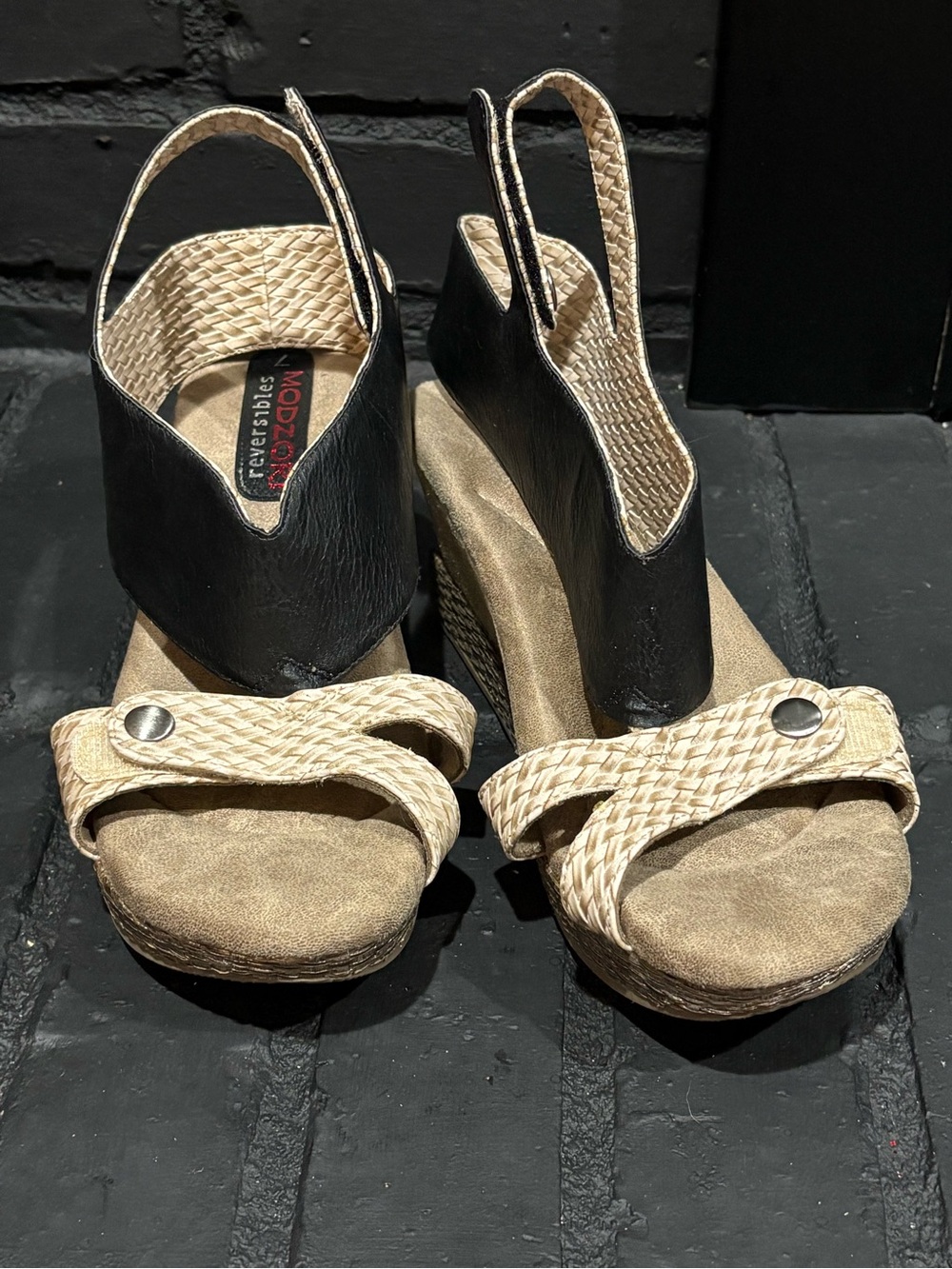 Modzori Black and Natural Woven Wedge Sandals with Slingback